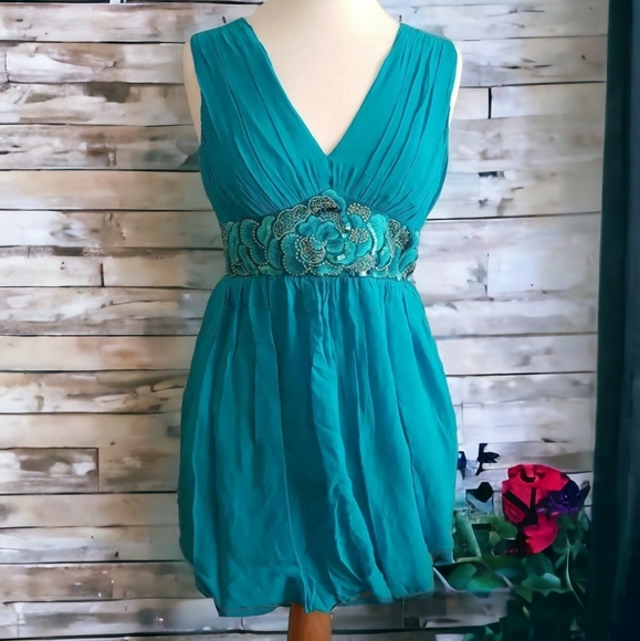Monsoon Dresses & Skirts - NEW MONSOON 100% Silk turquoise blue Puffball Dress Balloon Hem embellished 10uk